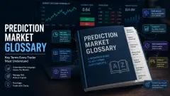 Prediction market glossary concept with financial dashboard, probability charts, and key trading terms like liquidity, spread, and expected value